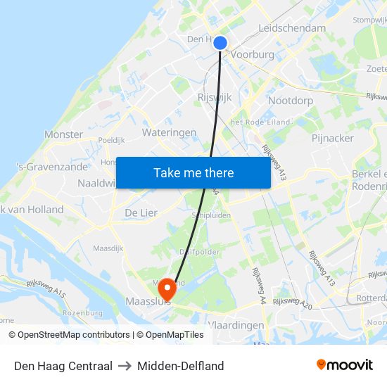 Den Haag Centraal to Midden-Delfland map