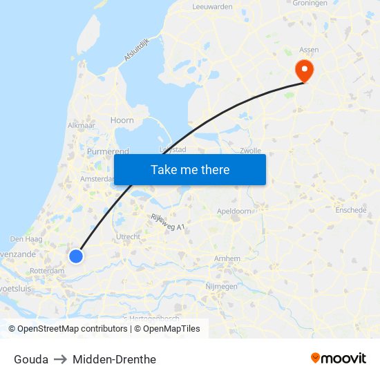 Gouda to Midden-Drenthe map