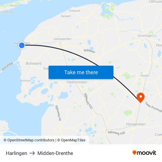 Harlingen to Midden-Drenthe map