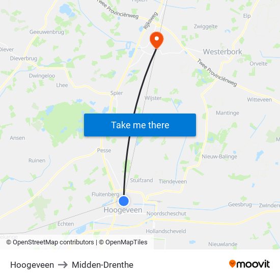 Hoogeveen to Midden-Drenthe map