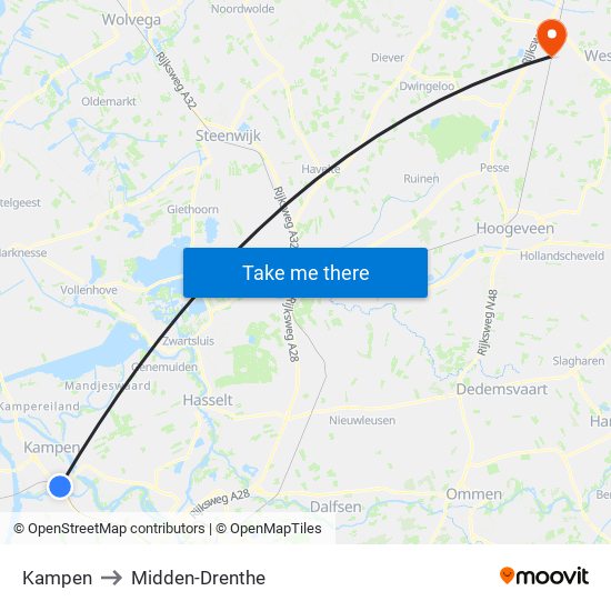 Kampen to Midden-Drenthe map