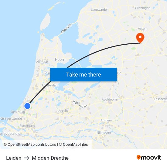 Leiden to Midden-Drenthe map