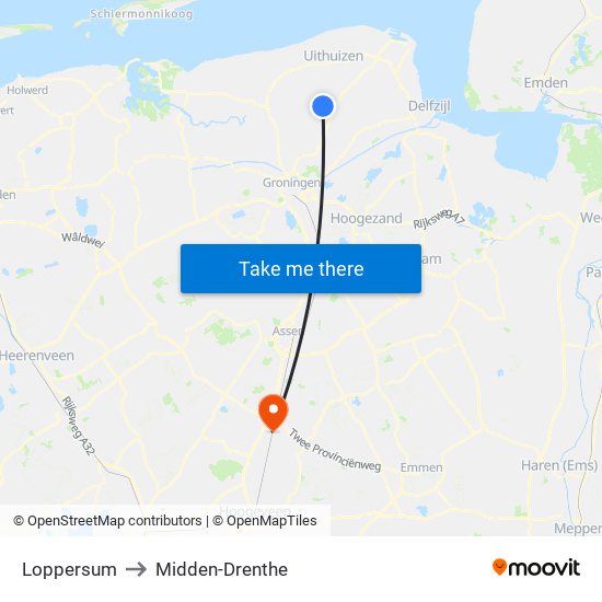 Loppersum to Midden-Drenthe map