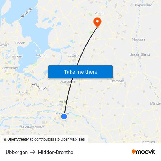 Ubbergen to Midden-Drenthe map