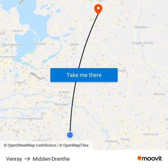 Venray to Midden-Drenthe map