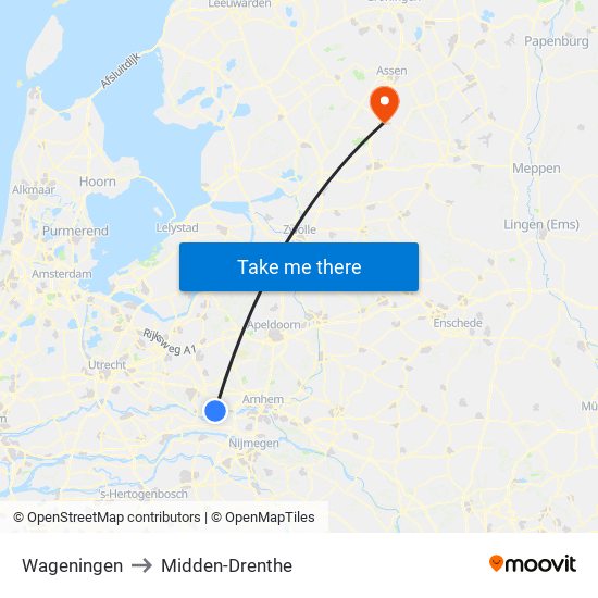 Wageningen to Midden-Drenthe map