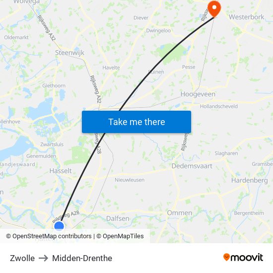 Zwolle to Midden-Drenthe map