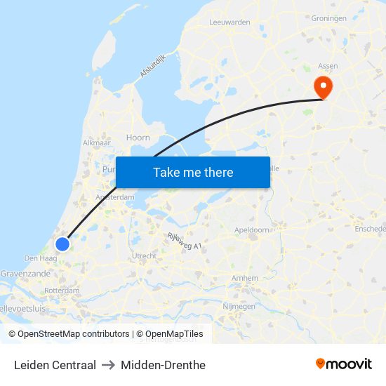 Leiden Centraal to Midden-Drenthe map