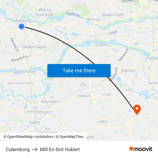 Culemborg to Mill En Sint Hubert map