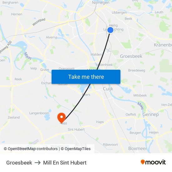 Groesbeek to Mill En Sint Hubert map