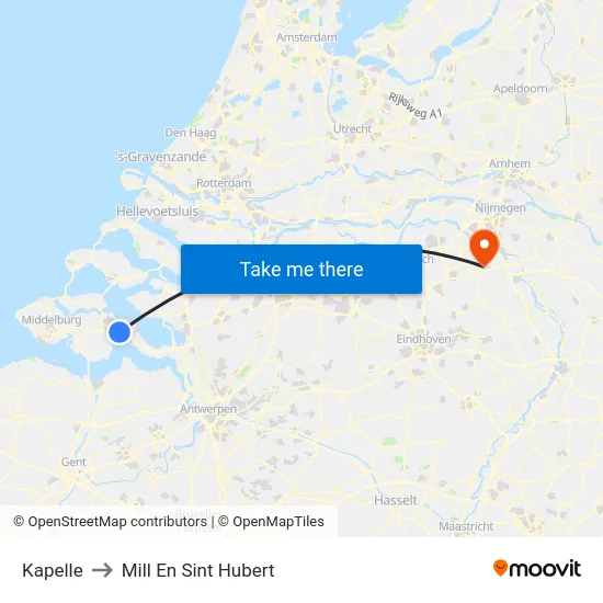 Kapelle to Mill En Sint Hubert map