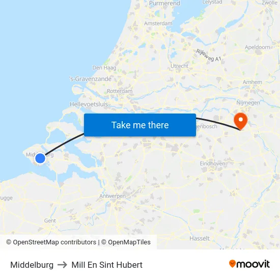Middelburg to Mill En Sint Hubert map