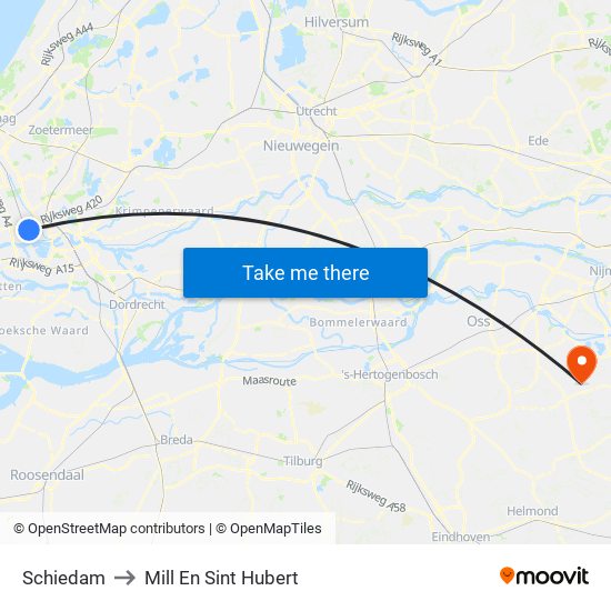 Schiedam to Mill En Sint Hubert map