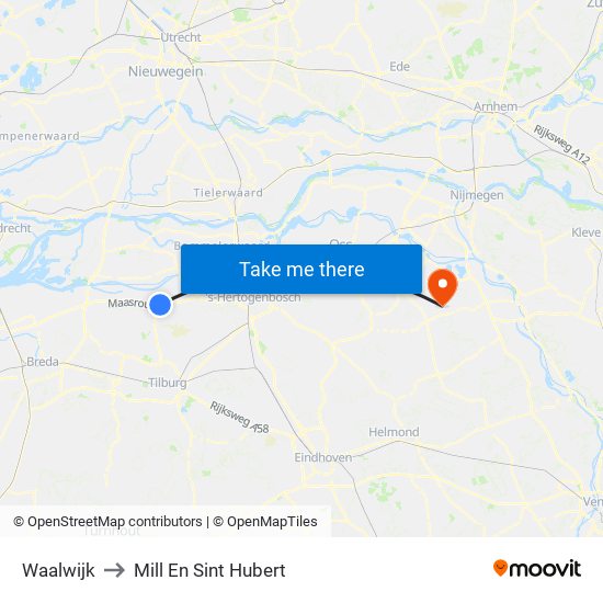 Waalwijk to Mill En Sint Hubert map