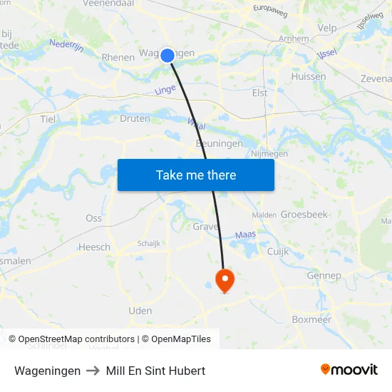 Wageningen to Mill En Sint Hubert map