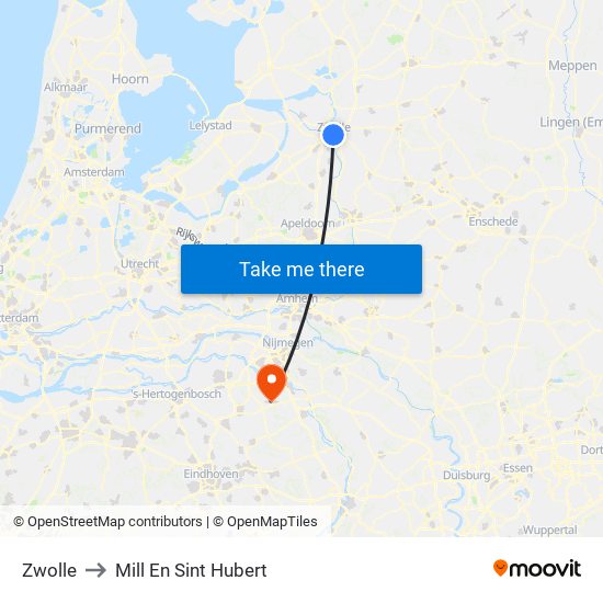 Zwolle to Mill En Sint Hubert map