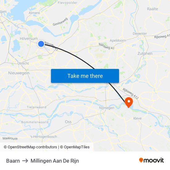 Baarn to Millingen Aan De Rijn map