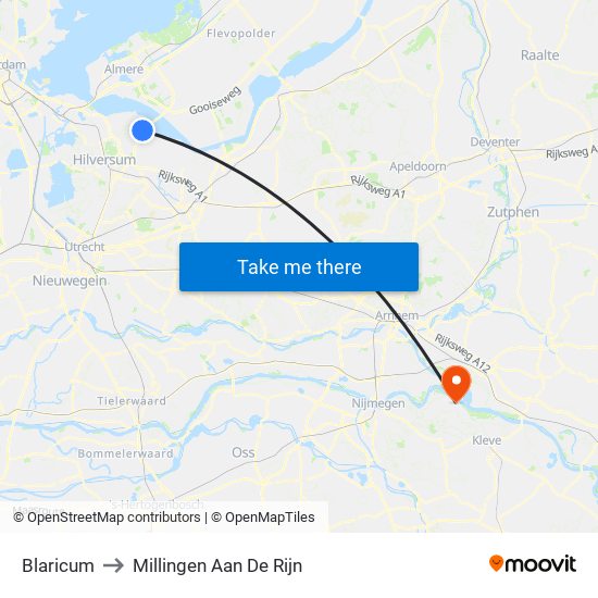Blaricum to Millingen Aan De Rijn map