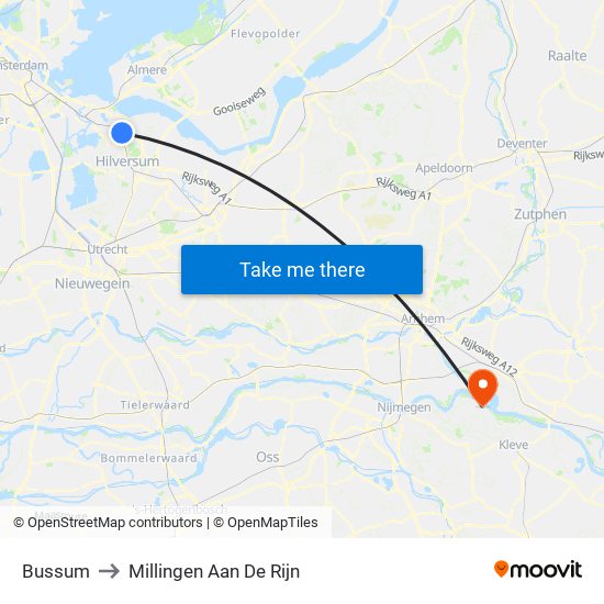 Bussum to Millingen Aan De Rijn map