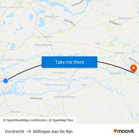 Dordrecht to Millingen Aan De Rijn map