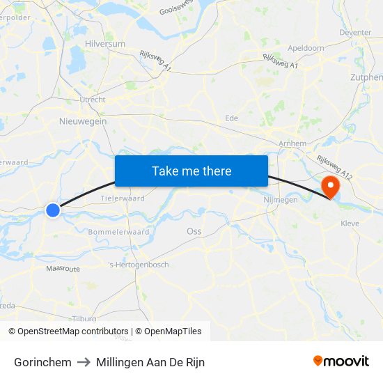 Gorinchem to Millingen Aan De Rijn map