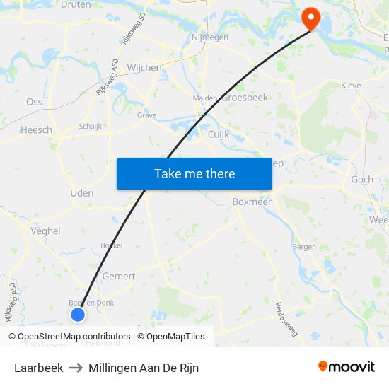 Laarbeek to Millingen Aan De Rijn map