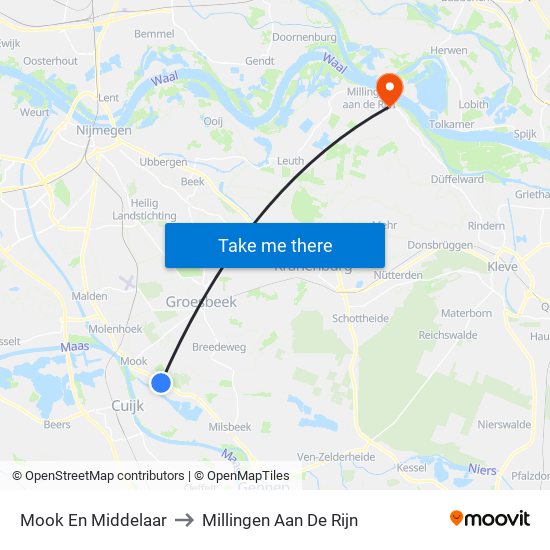 Mook En Middelaar to Millingen Aan De Rijn map