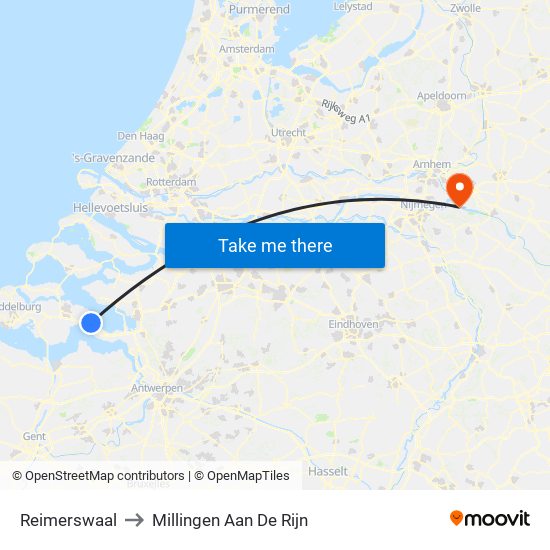 Reimerswaal to Millingen Aan De Rijn map