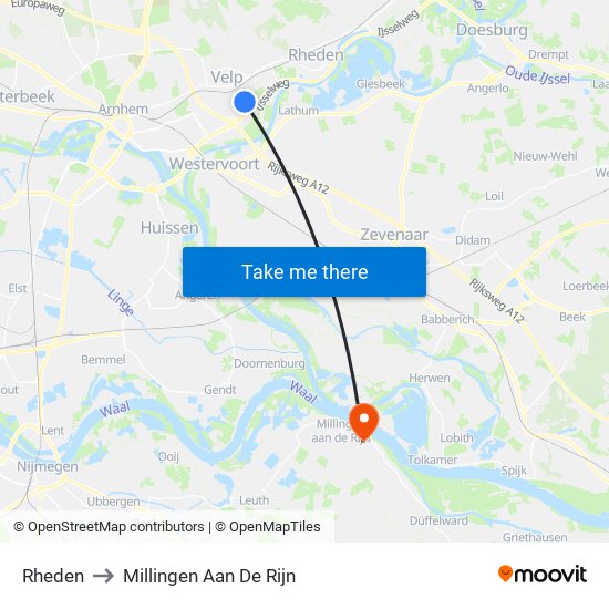 Rheden to Millingen Aan De Rijn map