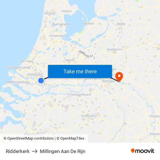 Ridderkerk to Millingen Aan De Rijn map