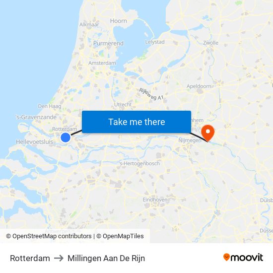 Rotterdam to Millingen Aan De Rijn map