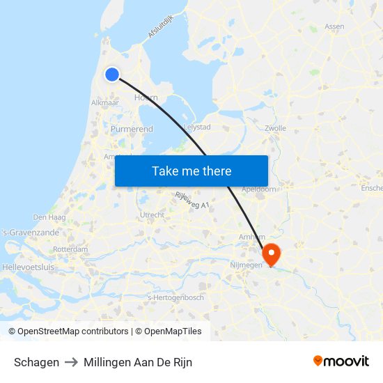 Schagen to Millingen Aan De Rijn map