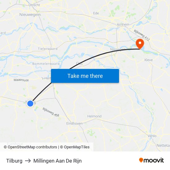 Tilburg to Millingen Aan De Rijn map