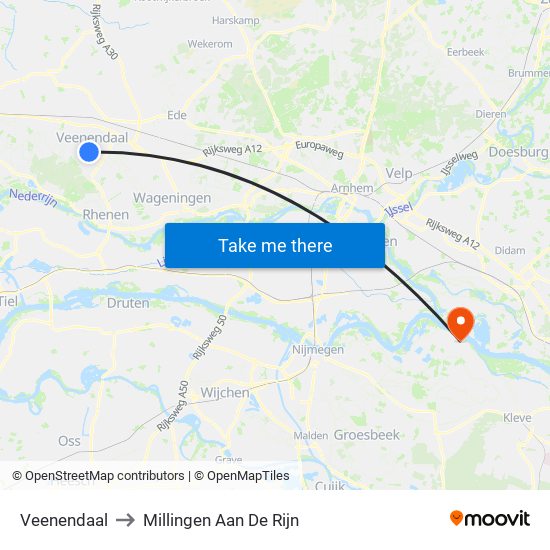 Veenendaal to Millingen Aan De Rijn map
