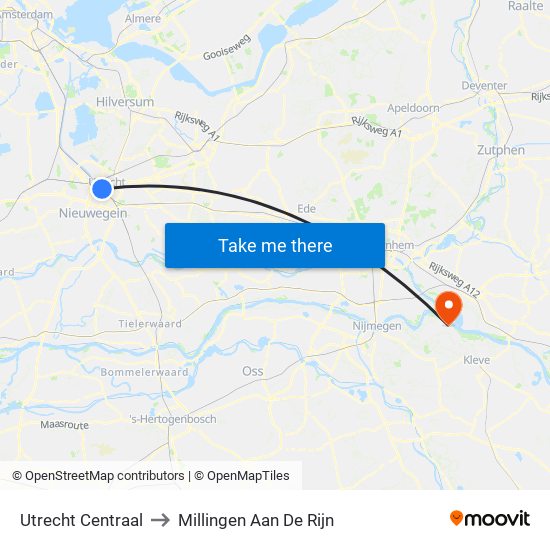 Utrecht Centraal to Millingen Aan De Rijn map