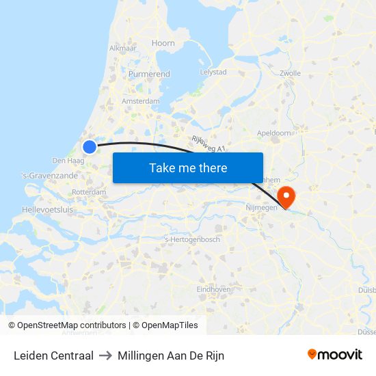 Leiden Centraal to Millingen Aan De Rijn map
