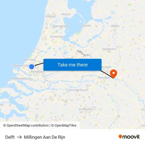 Delft to Millingen Aan De Rijn map