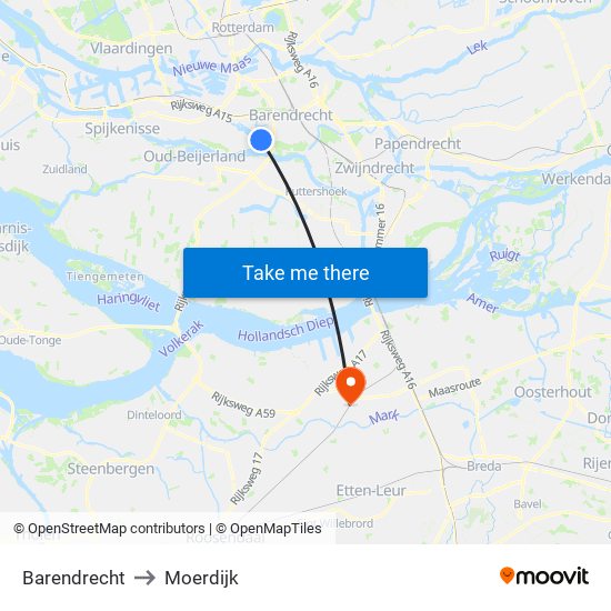 Barendrecht to Moerdijk map