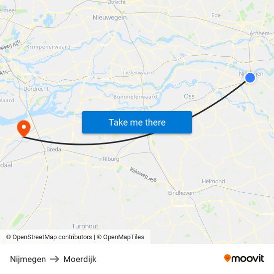 Nijmegen to Moerdijk map