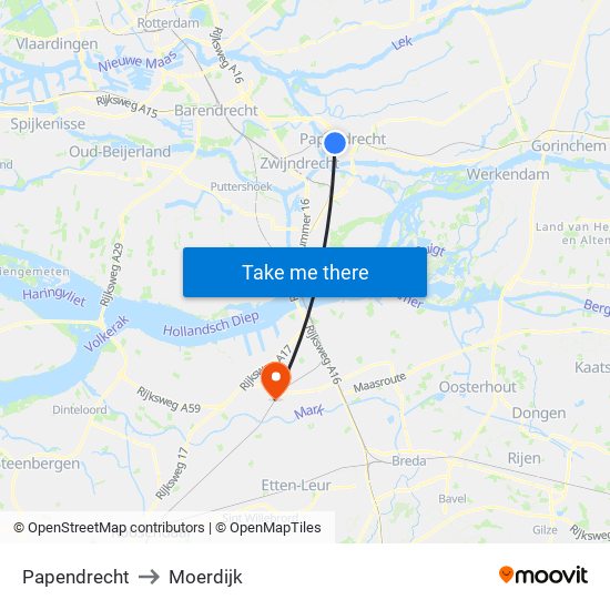 Papendrecht to Moerdijk map