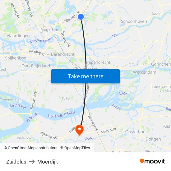 Zuidplas to Moerdijk map