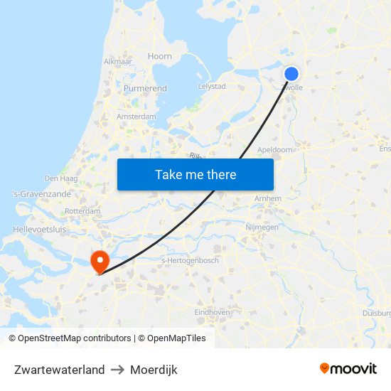 Zwartewaterland to Moerdijk map