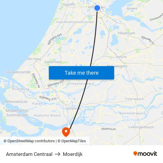 Amsterdam Centraal to Moerdijk map