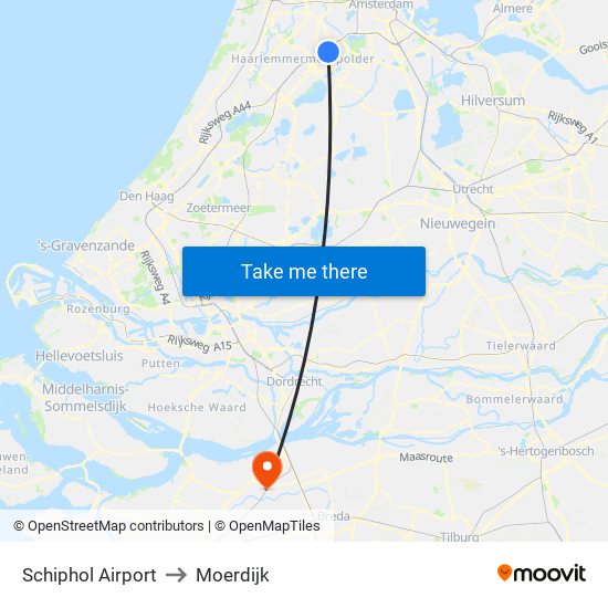 Schiphol Airport to Moerdijk map