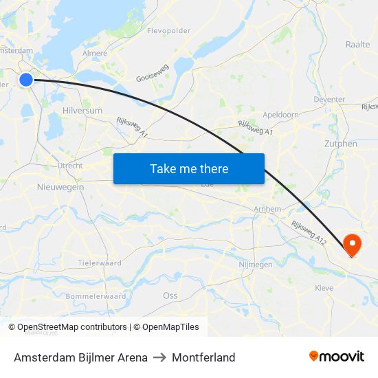 Amsterdam Bijlmer Arena to Montferland map