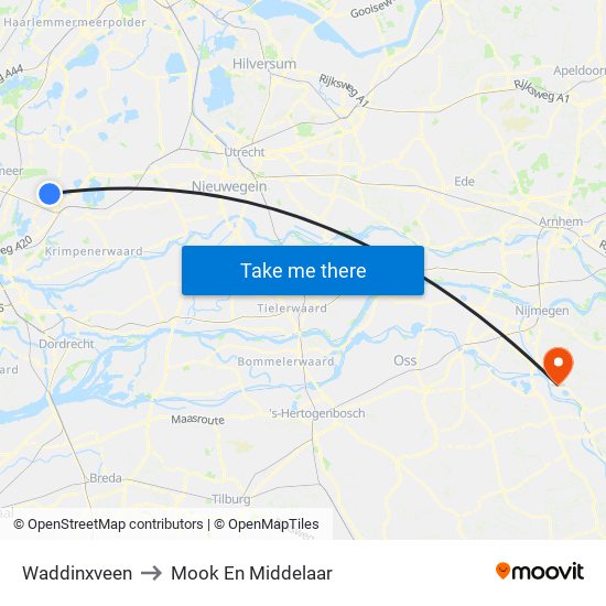 Waddinxveen to Mook En Middelaar map