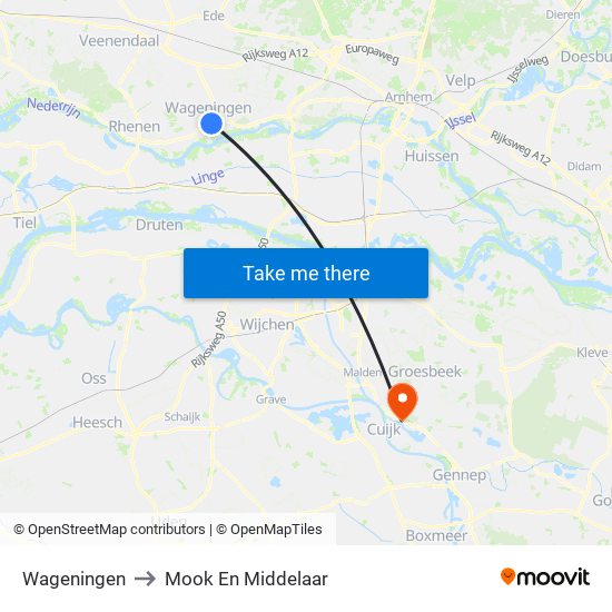 Wageningen to Mook En Middelaar map