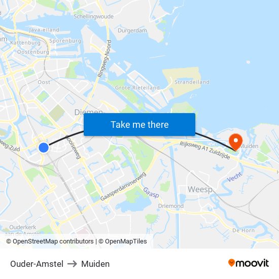 Ouder-Amstel to Muiden map