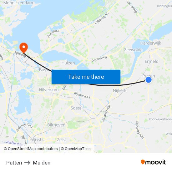 Putten to Muiden map