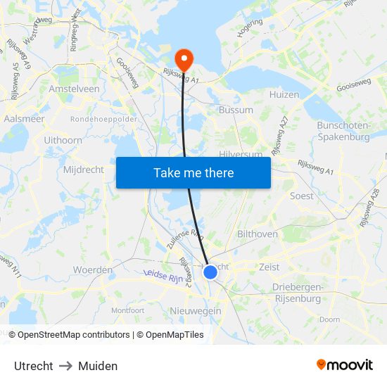 Utrecht to Muiden map